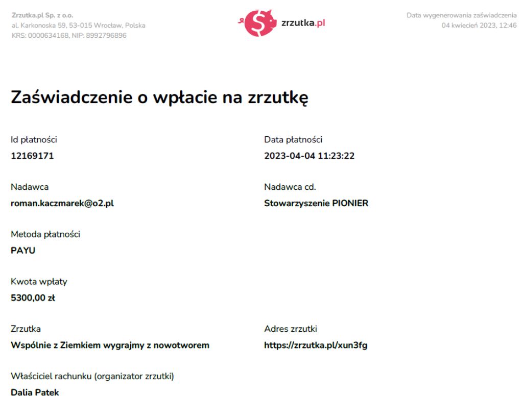 Podsumowanie zbiórki podczas pikniku strzeleckiego 02.04.2023