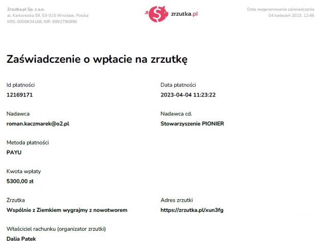 Podsumowanie zbiórki podczas pikniku strzeleckiego 02.04.2023